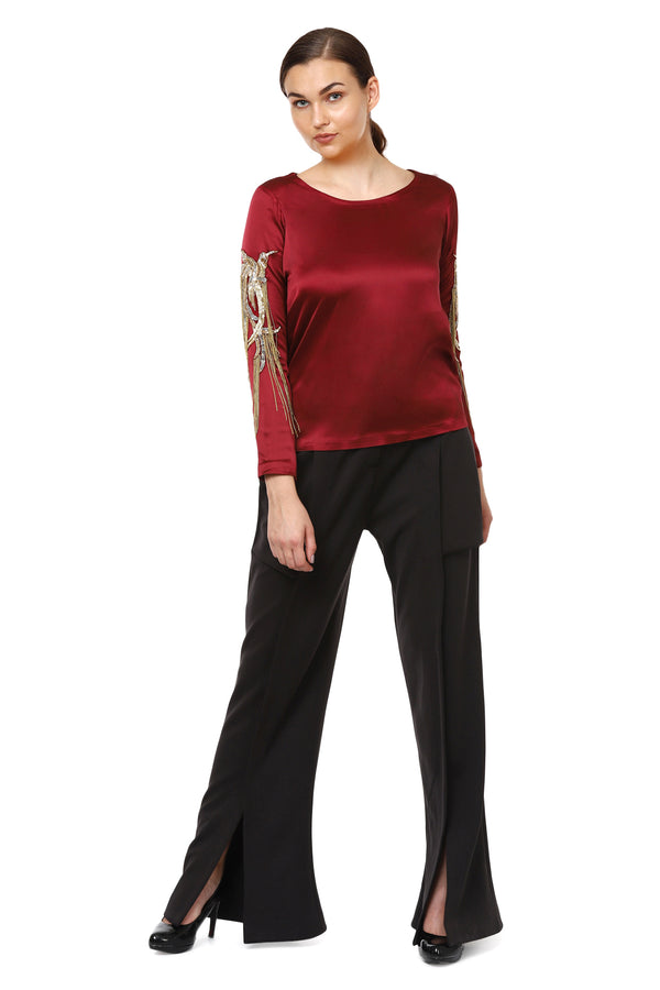 Deep Red Embellished Sleeves Top - Sitch.shop