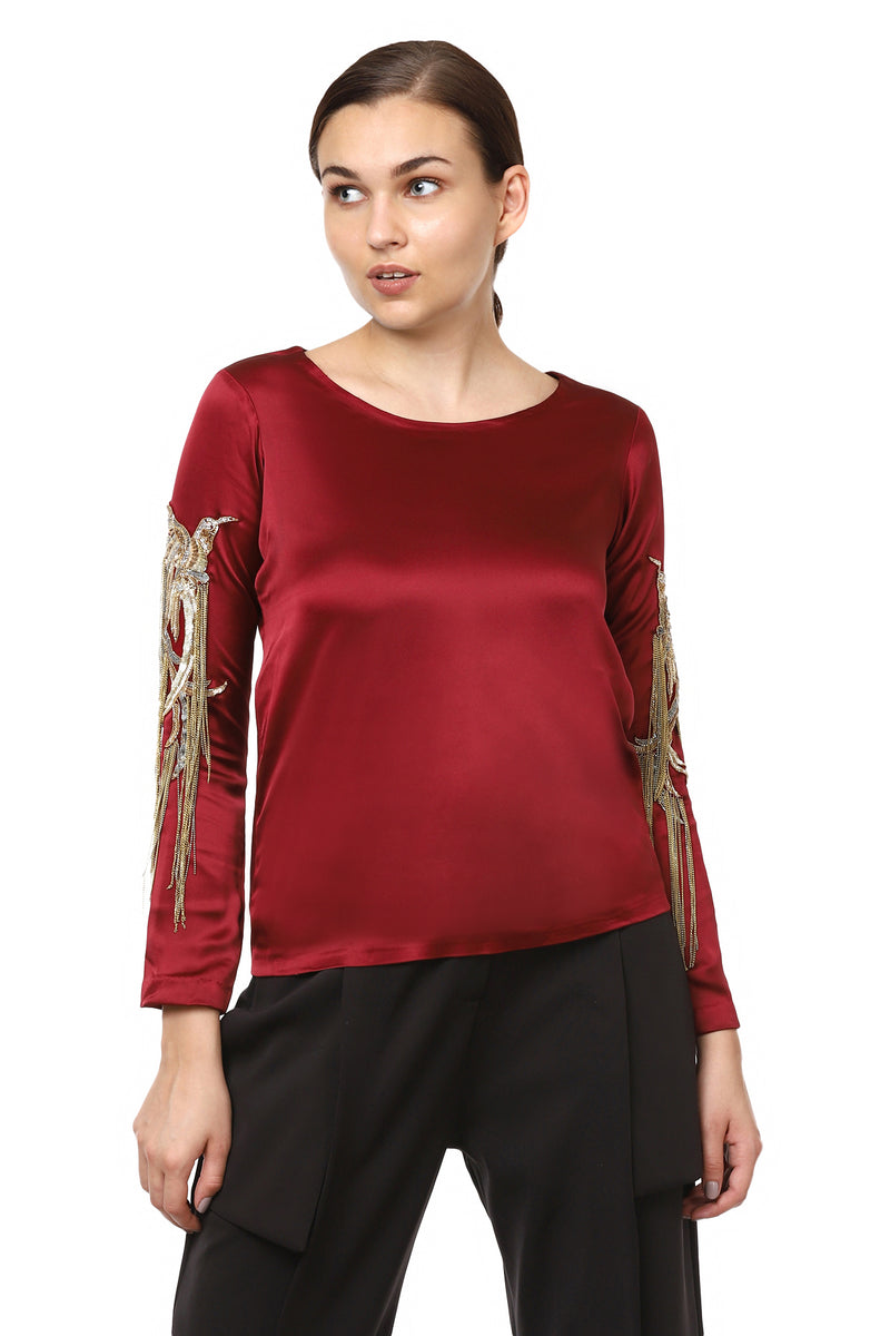 Deep Red Embellished Sleeves Top - Sitch.shop