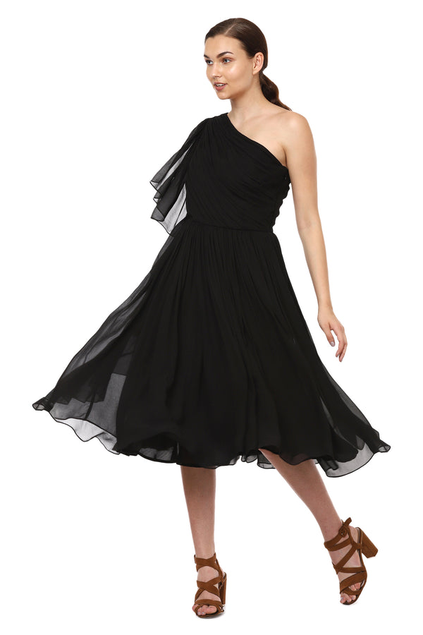 Black One  Shoulder Ruffle Dress - Sitch.shop